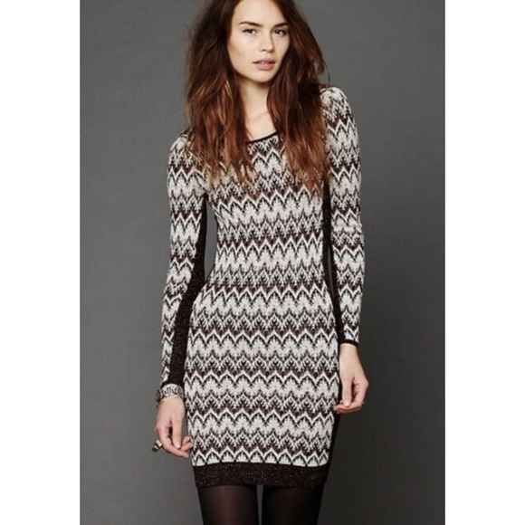 Free People Sweaters - Free People Cozy Cabin Sweater Dress-Size M Metallic Chevron LS Low Back D35